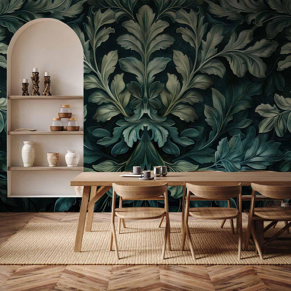 Carta da parati - Dark Green Victorian Leaves: Botanical Carved Composition