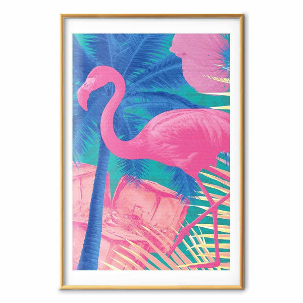 Poster - Pink Flamingo - abstract flamingo against a background of palm trees and ice cubes