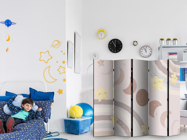 Paravento - Joyful Sky - Yellow Cheerful Stars with a Rainbow Against the Phases of the Moon - in the Sky Colored Light Beige