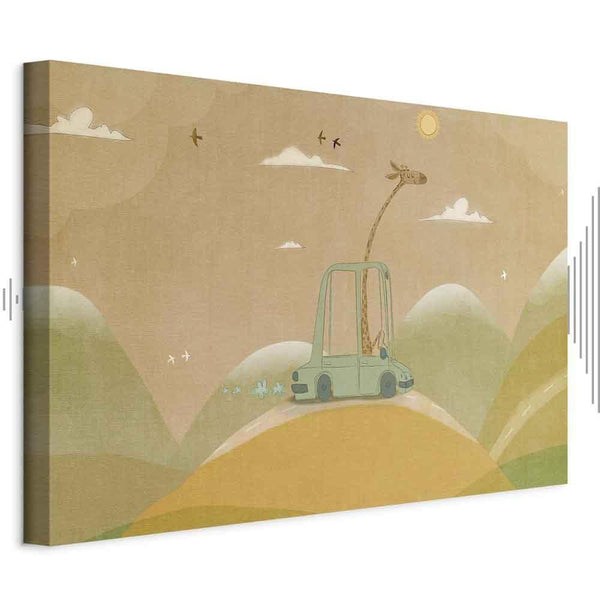 Quadro - Dreamy Traveler - A Cheerful Giraffe Driving a Car on a Sunny Day