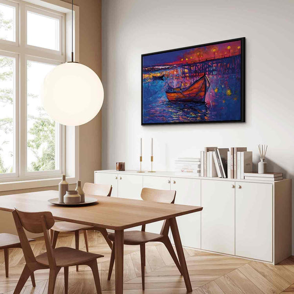 Quadro - Modern impressionism - night landscape of a lake with a floating boat