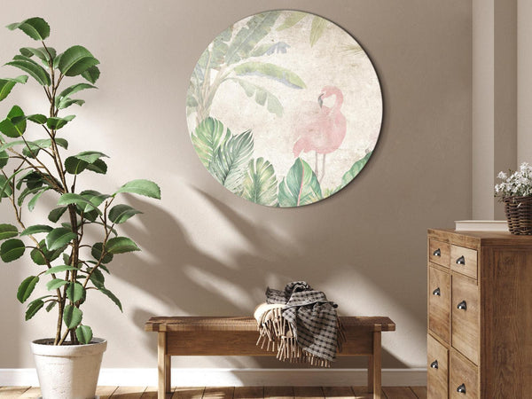Quadro rotondo - Birds wading among exotic flora - Flamingos amidst lush tropical vegetation in soft pastel shades of green