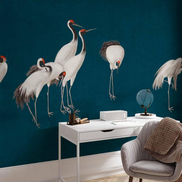 Carta da parati - Evening by the pond - a group of cranes drawn in dry pastel on a dark turquoise background