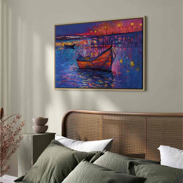 Quadro - Modern impressionism - night landscape of a lake with a floating boat
