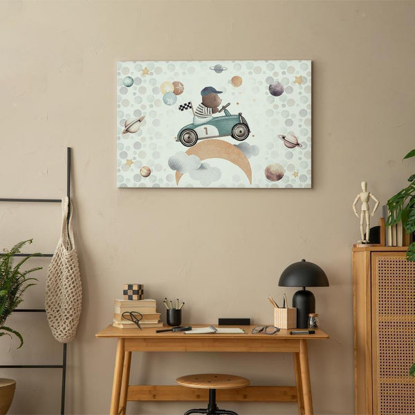 Quadro - Galactic Races - A Bear Participating in Car Races Among Planets Clouds and Stars in Pastel Hues