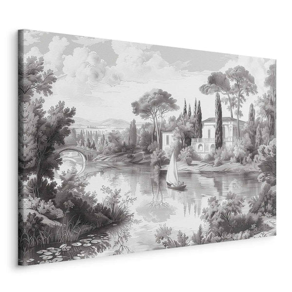 Quadro - Black and White Vintage Landscape Retro View of a Pond with a Boat