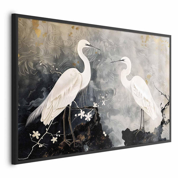 Poster - Herons and Cherry Blossom - oriental-style illustration depicting birds