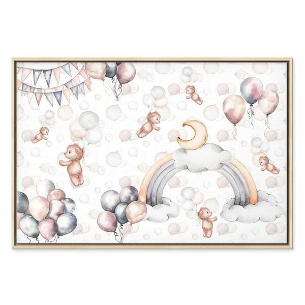 Quadro - Toy Bears with Balloons - Flying Plush Bears Among Balloons Clouds and Rainbows in Subtle Pastel Hues