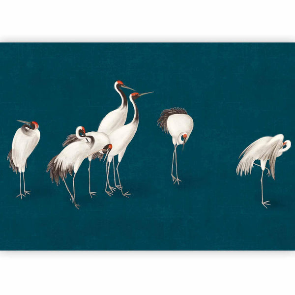 Carta da parati - Evening by the pond - a group of cranes drawn in dry pastel on a dark turquoise background
