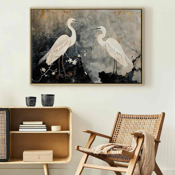 Quadro - Herons and cherry blossoms - oriental-style illustration depicting birds