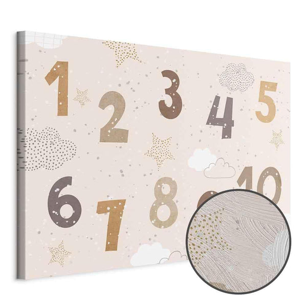 Quadro - Jumping Numbers - Numbers in a Subdued Beige-Brown Hue Among Snowflakes Stars and Clouds