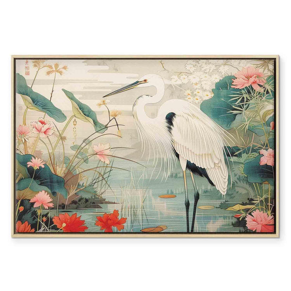Quadro - By an Asian pond - an illustration in the style of a Japanese engraving, depicting a heron