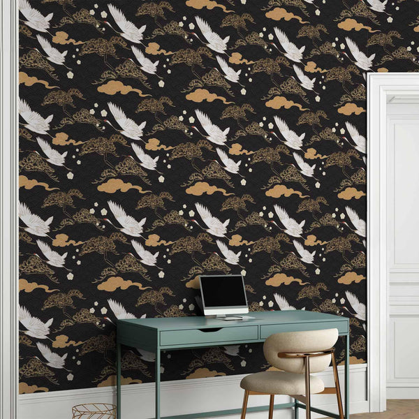 Tappezzeria murale - Oriental impressions - decorative pattern with a motif of flying cranes on a dark background