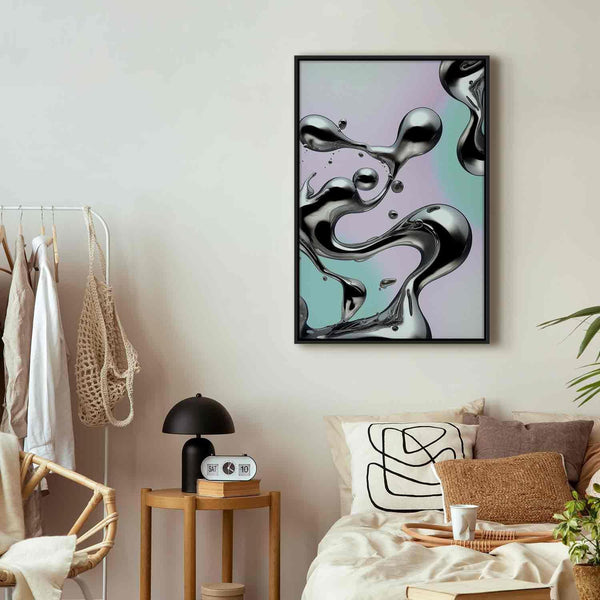 Quadro - Metallic Fluidity - Abstract Silver Forms on a Mint-Purple Background