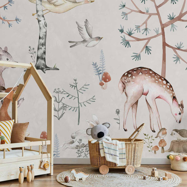 Carta da parati - Forest Land With Animals Painted in Watercolours