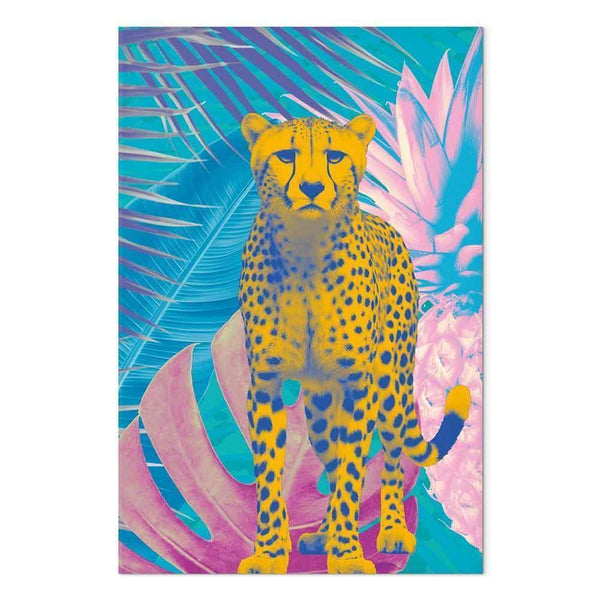 Quadro - Exotic Leopard - Colorful Portrait of a Cheetah Against Tropical Leaves