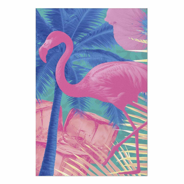 Poster - Pink Flamingo - abstract flamingo against a background of palm trees and ice cubes