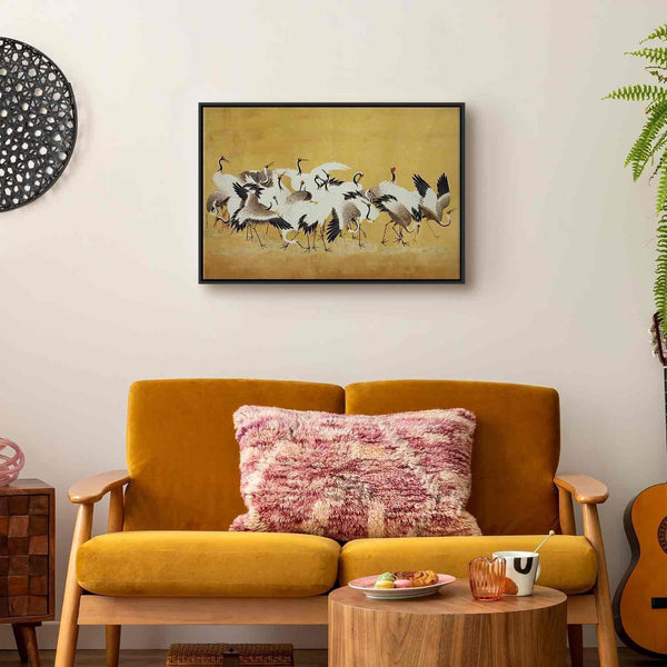 Quadro - Japanese cranes - a flock of birds against a golden background based on a painting by Ishida Yūtei