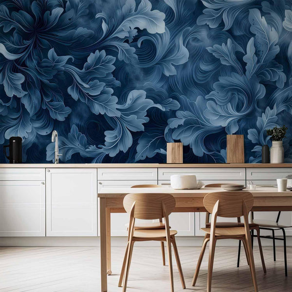 Carta da parati - Abstract Ornaments: Dark Blue Victorian Leaves