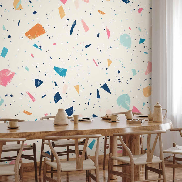 Carta da parati - Terrazzo with Multicolored Large Elements Cheerful Pattern on a Light Background