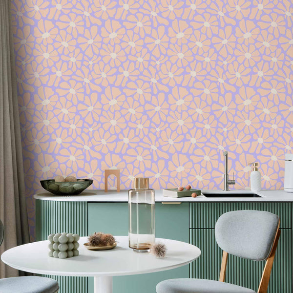 Tappezzeria murale - Cute Light-Beige Little Flowers - Small flowers with beige - undulating petals on a blue background