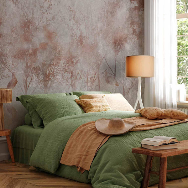 Carta da parati - Autumn landscape - abstract with trees and birds on a textured background