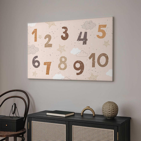 Quadro - Jumping Numbers - Numbers in a Subdued Beige-Brown Hue Among Snowflakes Stars and Clouds