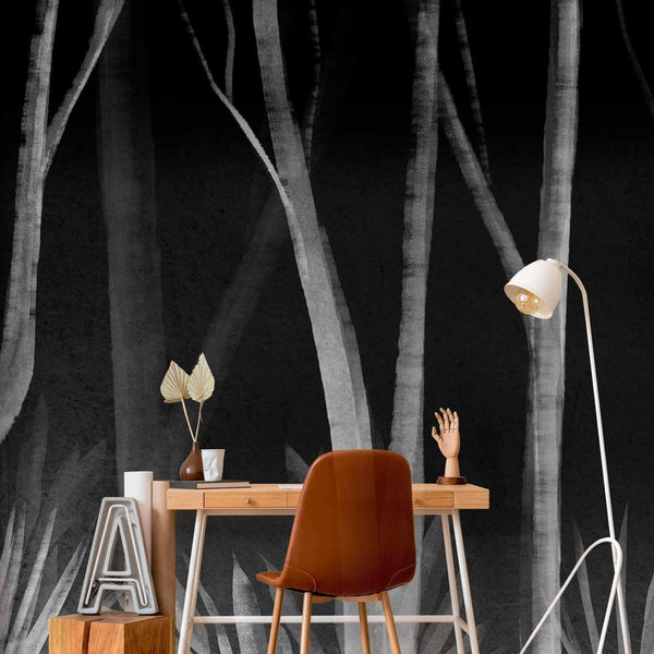 Carta da parati - Noise of the forest at night - minimalist landscape of white trees on a black background