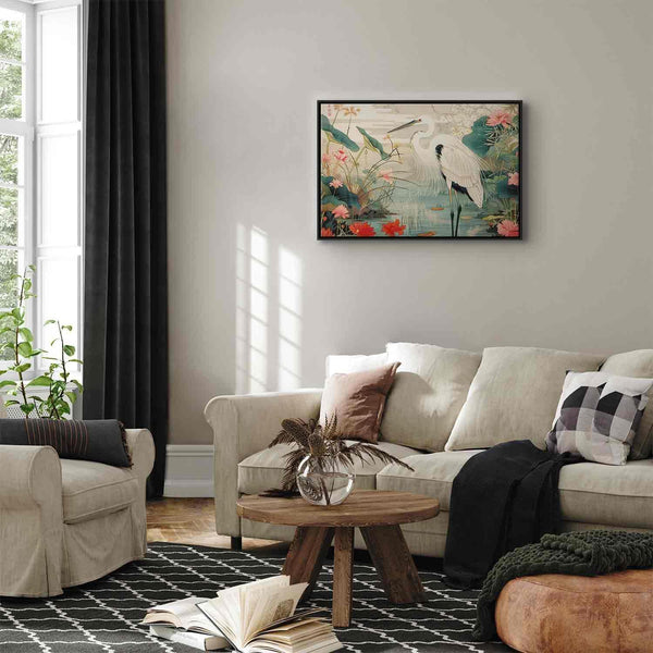 Quadro - By an Asian pond - an illustration in the style of a Japanese engraving, depicting a heron