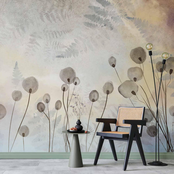 Carta da parati - Minimalist meadow - floral motif in light shades with reflections