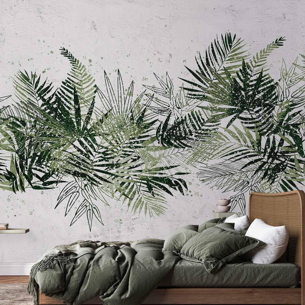 Carta da parati - Jungle and green plume - large tropical leaves on a white background