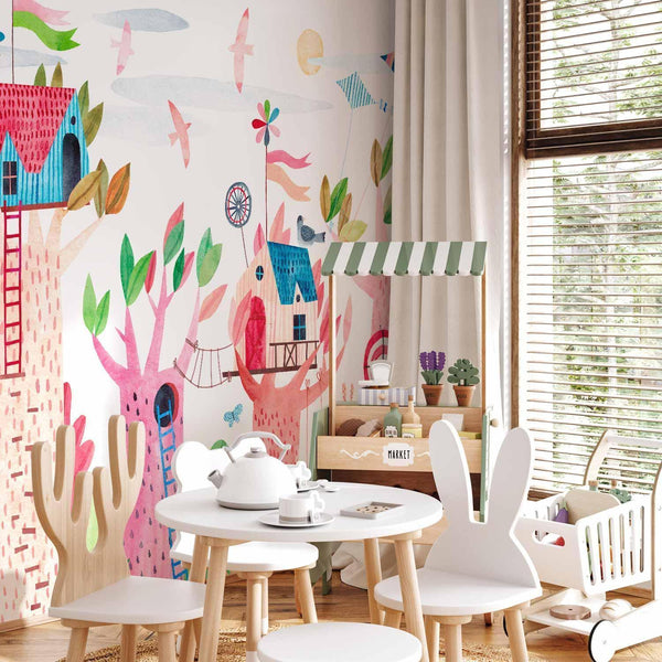 Carta da parati - Painted tree houses - a colourful fantasy with kites for children