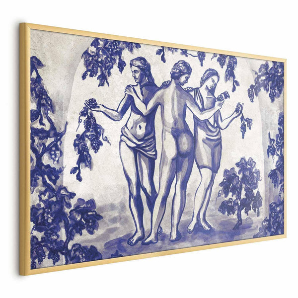 Poster - Ancient Vineyard - three women in a portal painted in blue ink