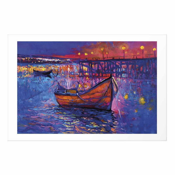 Poster - Modern impressionism - night landscape of a lake with a floating boat