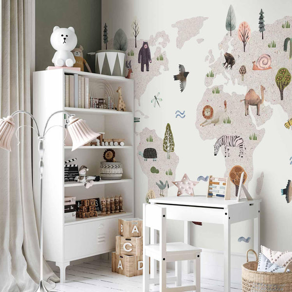 Carta da parati - Beige World - Continents With Animals in Muted Colours