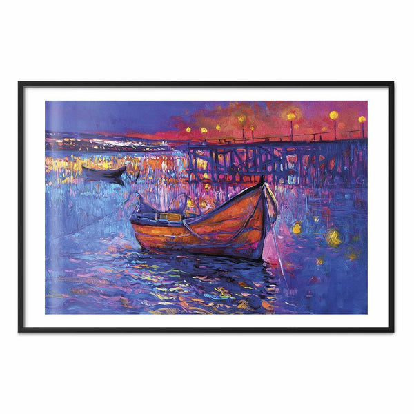Poster - Modern impressionism - night landscape of a lake with a floating boat