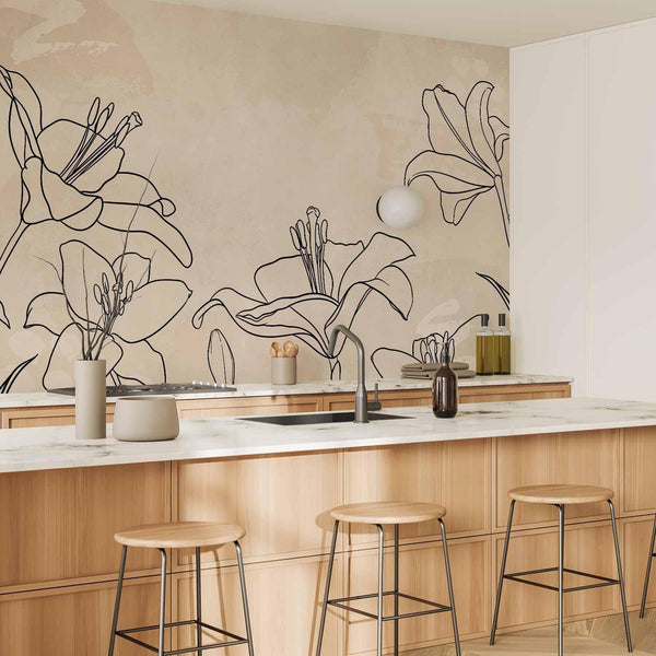 Carta da parati - Sketch of nature - minimalist lineart with lily flowers on a beige background