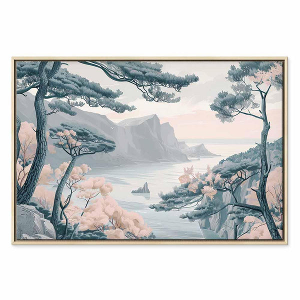 Quadro - Mountainous Coast with Trees and Rocks in Light Pastel Blues