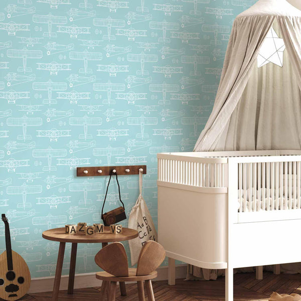 Tappezzeria murale - Sketch - Outline of an airplane in white on a turquoise background