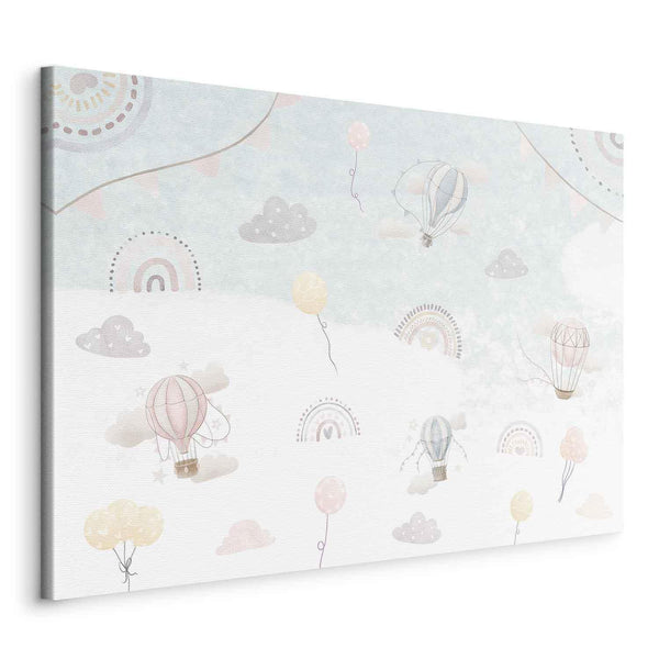 Quadro - Sky with Balloons - Balloons in Subdued Colors Flying in the Sky Among Clouds Rainbows and Stars