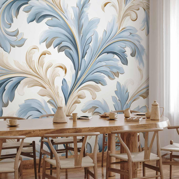 Carta da parati - Baroque Ornaments in Light Cream-Blue Hues