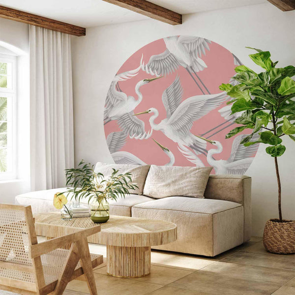 Carta da parati rotonda - Pastel birds – a delicate pattern of white and grey herons on a light pink background