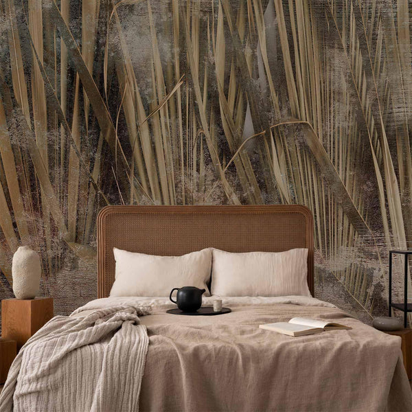 Carta da parati - Dry leaves - landscape of tall grasses in boho style with paint patterns