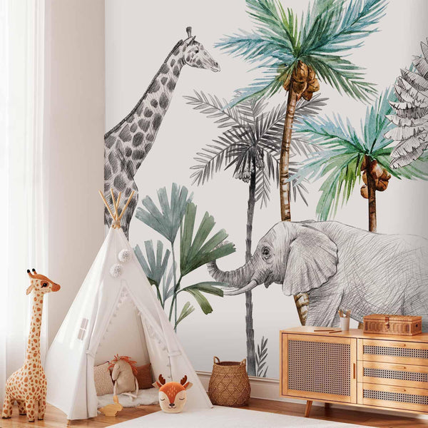 Carta da parati - Jungle Animals Wallpaper for Children's Room in Cartoon Style