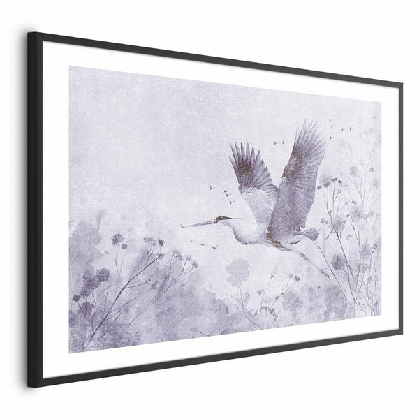 Poster - Majestic Flight - crane in flight in a monochromatic, cool color palette