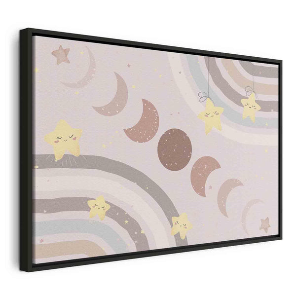 Quadro - Joyful Sky - Yellow Cheerful Stars with a Rainbow Against the Phases of the Moon in a Light Beige Sky Hue