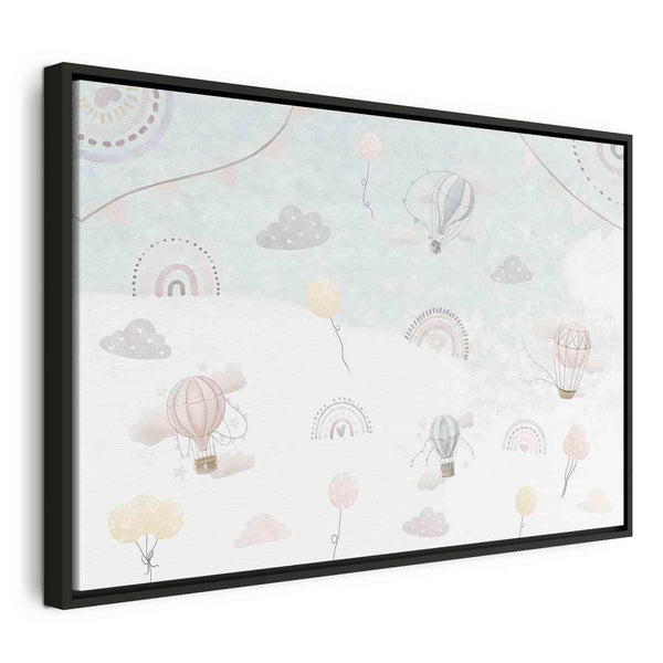 Quadro - Sky with Balloons - Balloons in Subdued Colors Flying in the Sky Among Clouds Rainbows and Stars