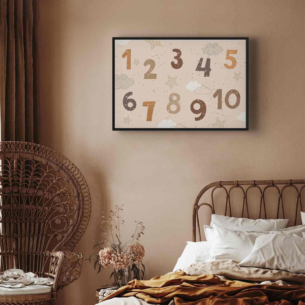 Quadro - Jumping Numbers - Numbers in a Subdued Beige-Brown Hue Among Snowflakes Stars and Clouds