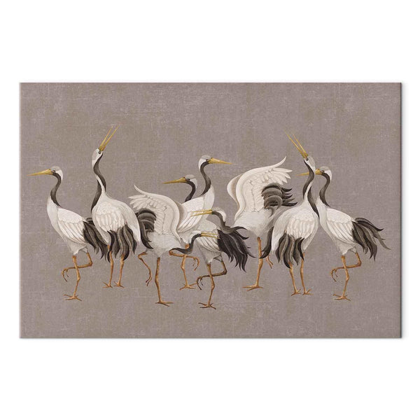 Quadro - Crane dance – bright silhouettes of birds against a warm grey background with texture