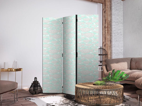 Paravento - Minimalist Fish - Fish of Grey Dots on a Crystal Clear Water Surface in Mint Green Colors